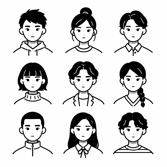 黑白线条勾勒的卡通人物头像，插画风与描边风结合，简约主义风格，单色设计，白描手法呈现多样发型与服饰，适合节日或日常场景使用。