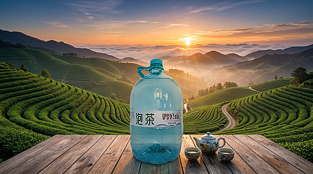 宽幅信阳茶山日出户外场景，保持原鸡公山泡茶山泉水桶形状和标签文字完全不变，禁止任何额外文案。前景木茶桌上放置山泉水桶，中景是层层叠叠向远处延伸的绿色茶山梯田，远处东方日出染红云海，金色阳光穿过茶山间的薄雾，整个画面开阔大气，展现鸡公山产地壮美风光，产品自然融入前景，不遮挡主体茶山景色
