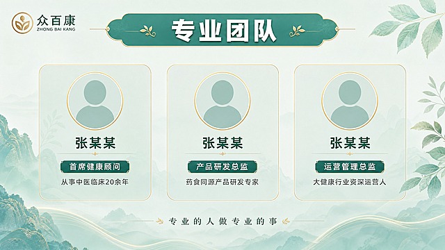 PPT团队实力页，横版16:9，众百康专业团队。浅青绿色清爽背景，顶部标题栏。页面标题"专业团队"，白色粗体大字。下方展示三个核心团队成员卡片（占位形式），每张卡片有圆形头像占位（金色边框）+姓名+职位+简介："首席健康顾问"-"从事中医临床20余年"、"产品研发总监"-"药食同源产品研发专家"、"运营管理总监"-"大健康行业资深运营人"。卡片横向排列，浅绿半透明底。底部有"专业的人做专业的事"小字。整体新中式清爽风格，版式整齐。
