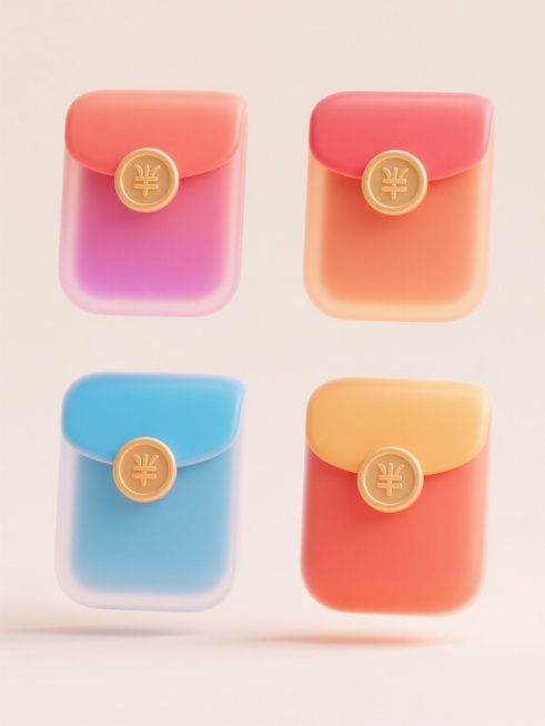 电商营销用四个不同配色、不同样式、不同材质的「红包」造型，采用上下两行对齐排列，置于浅色背景上。红包设计风格为简约现代的3D图标样式，每个红包都有光滑的曲面质感和柔和的渐变色彩过渡，边缘有轻微的圆角处理。红包正面中央有一个圆形的金色印章元素，印章上带有简洁的装饰性图案。红包整体呈现出轻微的悬浮感，底部有淡淡的阴影增强立体感，整体视觉效果干净清爽，符合电商平台的营销视觉需求，色彩搭配鲜明且协调，……预览效果