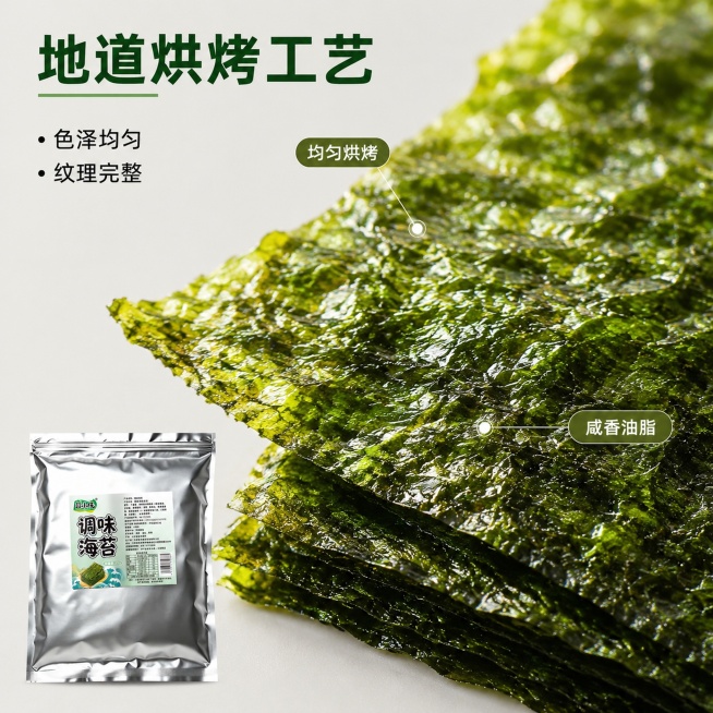 「图片1」，生成电商主图（5张），商品名称是调味海苔，卖点是整片调味海苔｜源头工厂可定制，完整大片海苔烘烤，咸香入味，无碎渣，寿司 / 饭团 / 即食多用，适配1688平台，主图比例为1:1预览效果