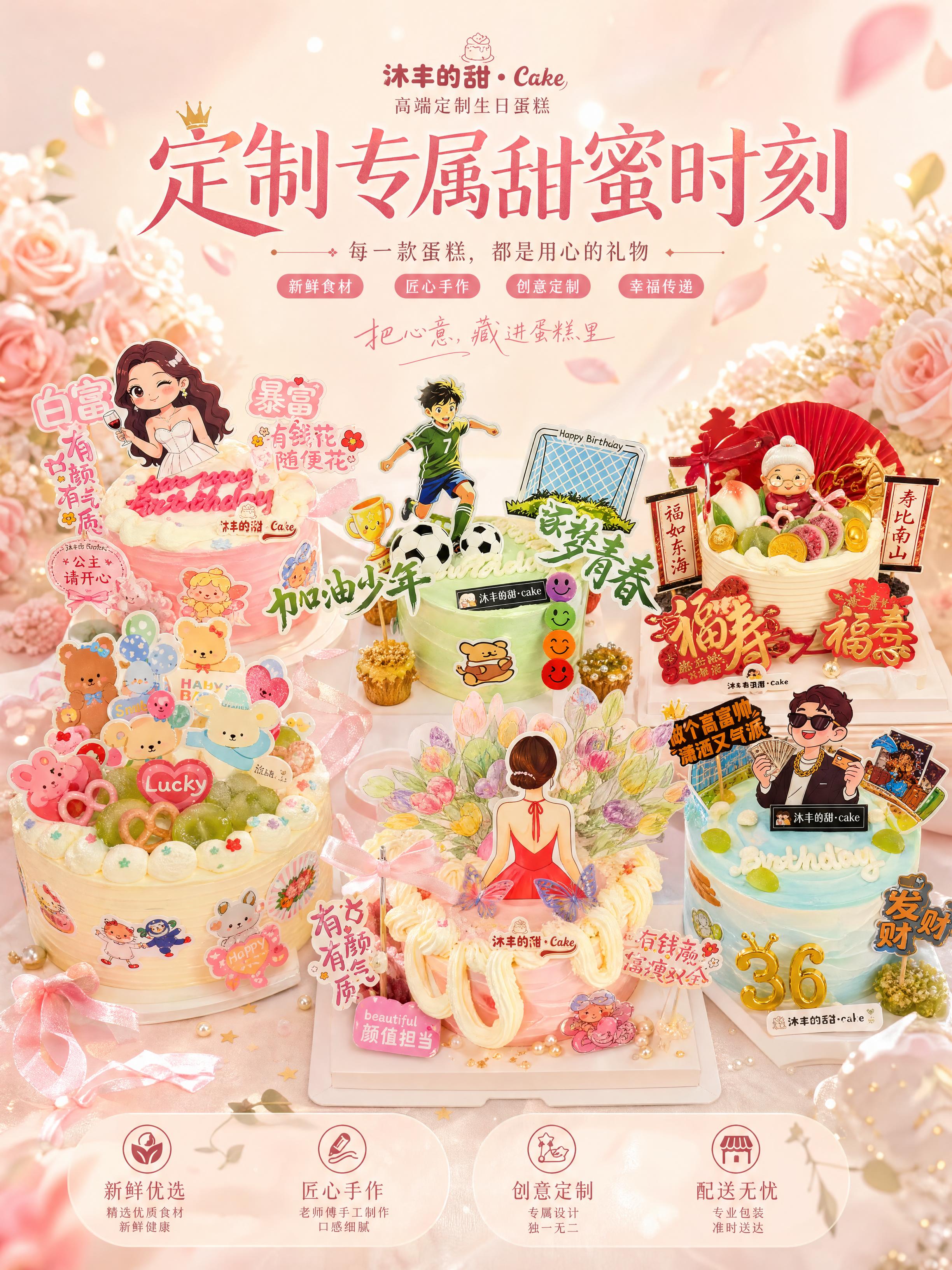 高端定制生日蛋糕海报，竖版3比4，4K超清，浅色系温馨设计。画… - 图片创意预览