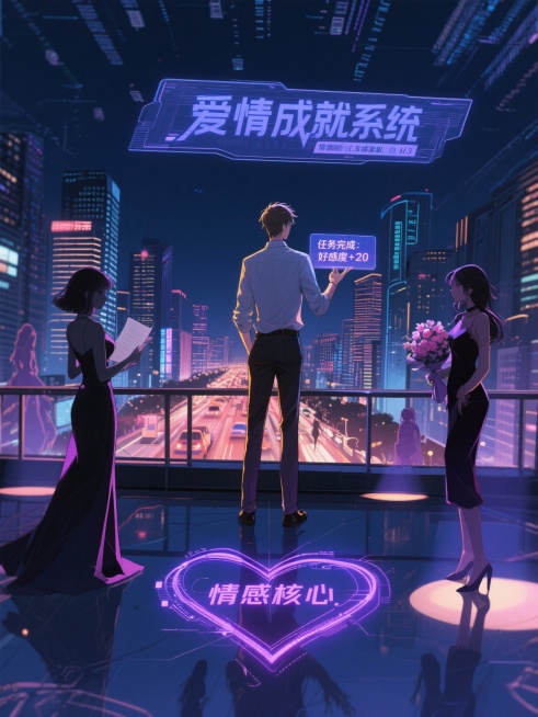 风格：都市轻科幻 + 男频爽感 + 情感张力
● 色调：深邃都市夜景为主背景，搭配暖光点缀，突出“系统”科技感与“爱情”温情的碰撞
● 氛围：现代感、神秘感、情感张力并存，吸引男频读者点击



二、预览效果
