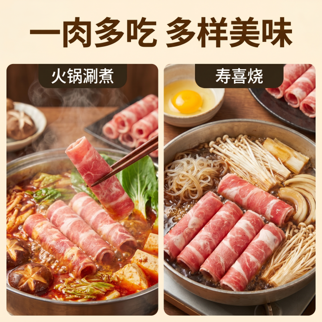 [主图 7] 爆款风味牛肉卷多种吃法搭配展示；
[氛围风格] 丰富诱人美食氛围，展示多样化食用场景；
[画质] 清晰商业美食摄影，色彩鲜亮，食欲感强；
[元素] 画面分两个区域，一半区域展示牛肉卷涮火预览效果