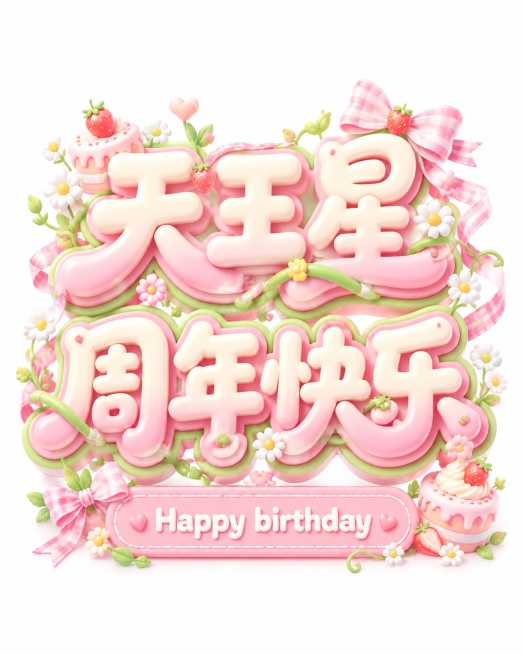 奶白色到樱花粉渐变的3D立体泡泡字，圆润软萌卡通手写连笔字，立体文字标题，两行立体字主标题分别是"天王星"和"周年快乐"，嫩芽绿和浅粉双拼渐变色立体描边，副标题"Happy birthday"置于浅粉预览效果