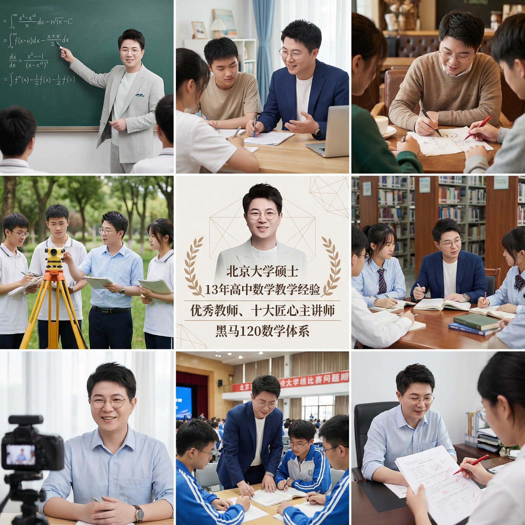 帮我生成关于高中数学的九宫格图片，要有老师和学生，老师的脸帮我… - 图片创意预览