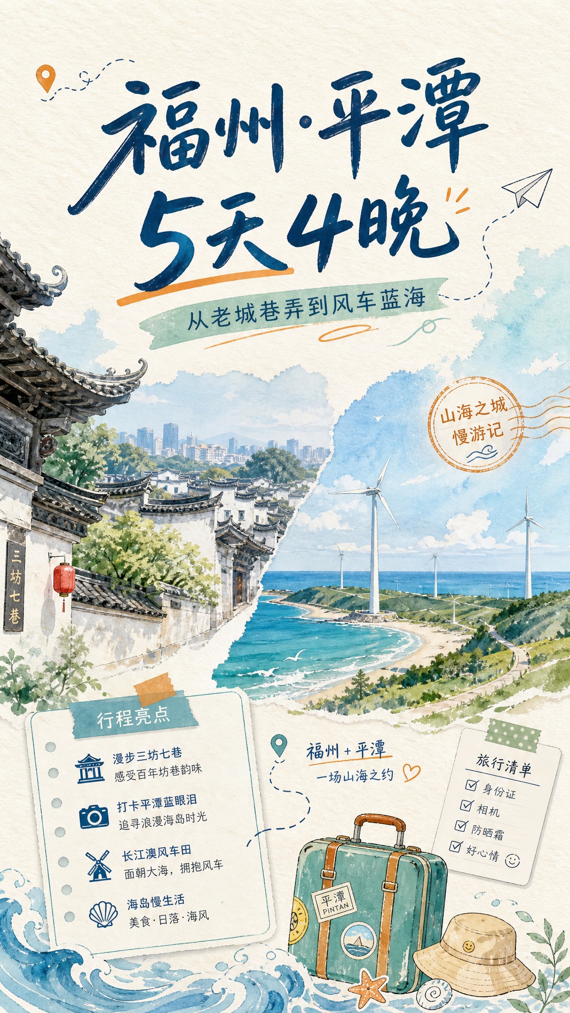 旅行手账风格竖版封面图，福州+平潭5天4晚行程攻略主题。画面上… - 图片创意预览