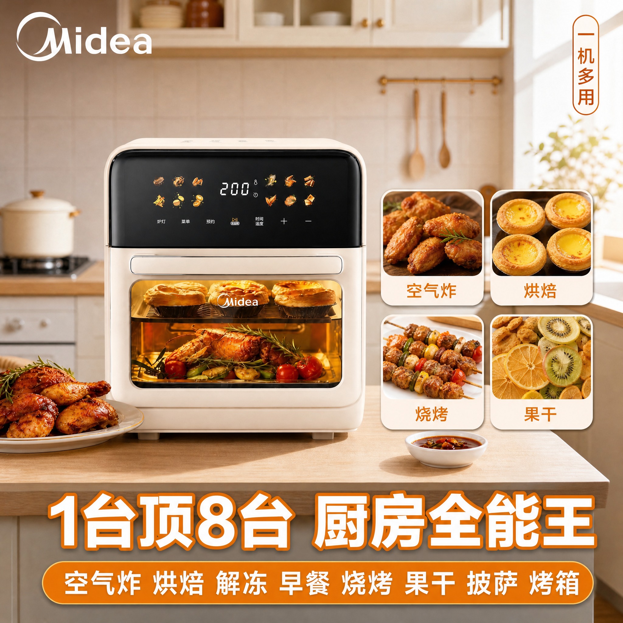 将这张美的空炸烤箱主图改成一机多用主题。保留产品主体和厨房背景… - 图片创意预览