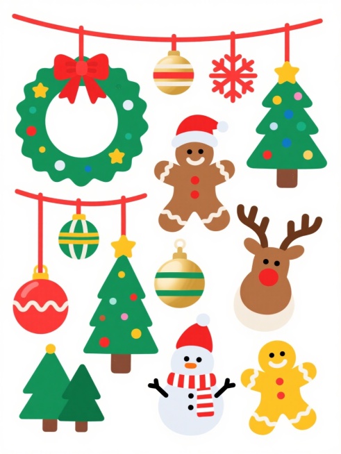 白色背景上的圣诞节装饰元素集合，采用扁平风格设计，色彩明快鲜艳，包含悬挂的姜饼人（棕色，带红色蝴蝶结）、绿色圣诞花环（带红色蝴蝶结）、多棵绿色圣诞树（点缀黄色星星和彩色装饰）、各种圣诞球（红色、绿色、金色，带有条纹、波浪和圆点图案，悬挂于红色细绳上）、红色雪花装饰、棕色驯鹿头、戴着红色圣诞帽和红色条纹围巾的雪人、黄色姜饼人饼干，所有元素线条简洁流畅，无阴影，充满节日欢快氛围。预览效果