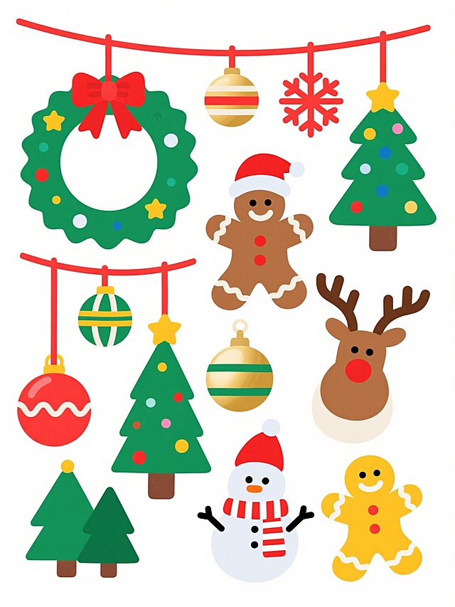 白色背景上的圣诞节装饰元素集合，采用扁平风格设计，色彩明快鲜艳，包含悬挂的姜饼人（棕色，带红色蝴蝶结）、绿色圣诞花环（带红色蝴蝶结）、多棵绿色圣诞树（点缀黄色星星和彩色装饰）、各种圣诞球（红色、绿色、金色，带有条纹、波浪和圆点图案，悬挂于红色细绳上）、红色雪花装饰、棕色驯鹿头、戴着红色圣诞帽和红色条纹围巾的雪人、黄色姜饼人饼干，所有元素线条简洁流畅，无阴影，充满节日欢快氛围。
