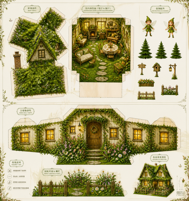 森林小屋主题3D纸模小屋展开平面图，上层包含长满苔藓藤蔓的屋顶零件、带室内草坪客厅饭厅布置的场景板、小精灵和松树装饰配件；下层包含浅米白做旧木纹主墙体、正面怀旧大门、侧面带暖黄灯光的窗户，屋前是各色野预览效果