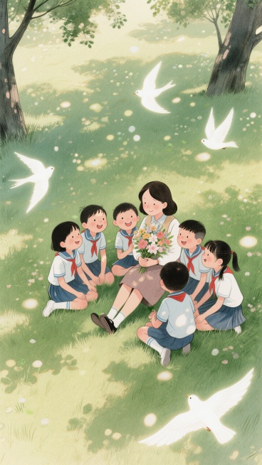 绿色调，学生们（穿着中国校服，姿态不一）愉悦靠在一位女老师（手里抱着鲜花）身边，一起坐在微风吹拂的草坪上互动的场景，几只动态的发光白鸟飞过装点画面，整个画面充满动态感和灵动感，温馨，梦幻，大量光斑，极预览效果