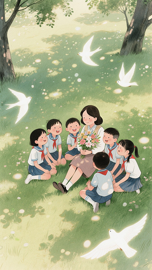 绿色调，学生们（穿着中国校服，姿态不一）愉悦靠在一位女老师（手里抱着鲜花）身边，一起坐在微风吹拂的草坪上互动的场景，几只动态的发光白鸟飞过装点画面，整个画面充满动态感和灵动感，温馨，梦幻，大量光斑，极强的光影交织，树影婆娑，鸟瞰视角POV，非常规的创意构图