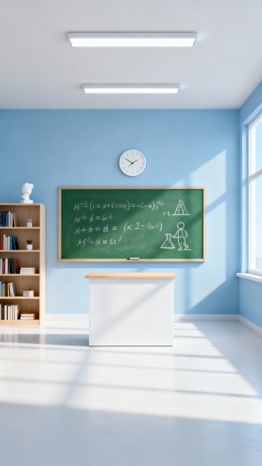 明亮通透的教室内部场景，极简主义3D渲染风格，整体色调以浅蓝色墙面、纯白色天花板和地面为主，光线从右侧大窗户柔和洒入，形成清晰的光影明暗对比，空间感开阔。正面墙壁中央悬挂着绿色黑板，上面用白色粉笔写有数学公式和简笔画，黑板上方有一个圆形白色挂钟。黑板左侧是浅木色多层书架，摆放着书籍和小型装饰品，书架顶部有一个白色小雕塑。黑板前方是白色讲台，台面为浅木色。天花板安装有两盏长条形白色照明灯，整体画……预览效果