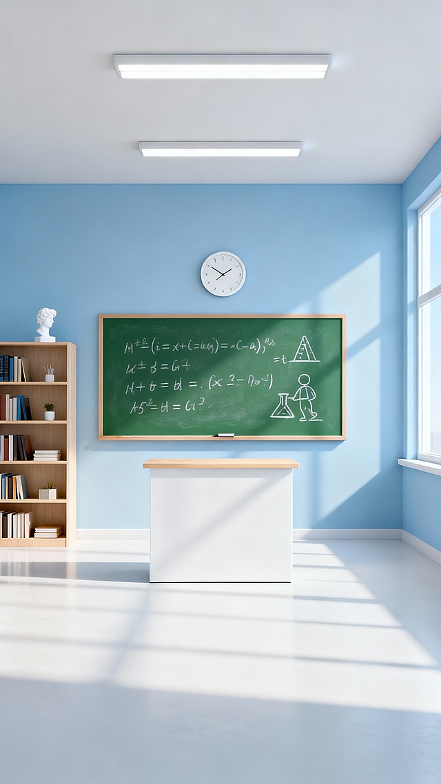 明亮通透的教室内部场景，极简主义3D渲染风格，整体色调以浅蓝色墙面、纯白色天花板和地面为主，光线从右侧大窗户柔和洒入，形成清晰的光影明暗对比，空间感开阔。正面墙壁中央悬挂着绿色黑板，上面用白色粉笔写有数学公式和简笔画，黑板上方有一个圆形白色挂钟。黑板左侧是浅木色多层书架，摆放着书籍和小型装饰品，书架顶部有一个白色小雕塑。黑板前方是白色讲台，台面为浅木色。天花板安装有两盏长条形白色照明灯，整体画面干净整洁，营造出宁静、有序、略带空旷的学习氛围，细节清晰，材质表现真实，具有现代简约的设计感。
