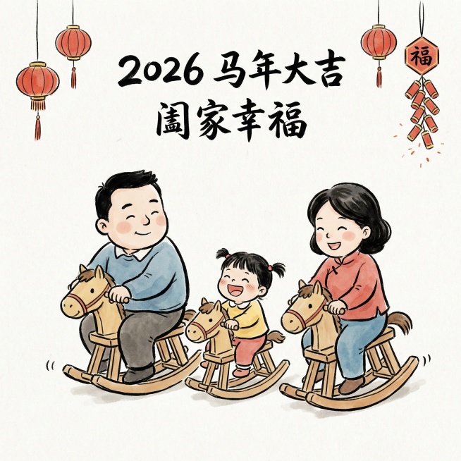 2026 Year of the Horse Chinese New Year greeting card, family of three: father, mother, little girl,预览效果