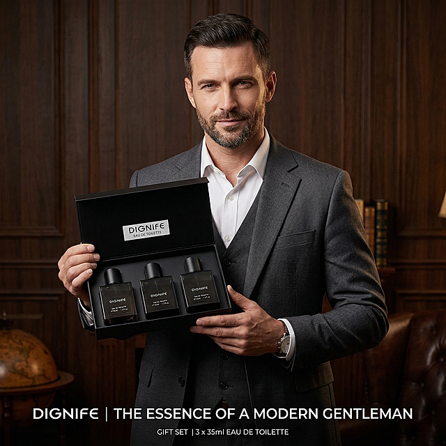 Create a 1:1 high-end advertising poster for DIGNIFE black perfume gift set, American style, European and American aesthetic, with an elegant American male model holding the perfume gift box, display the product clearly, all English copy, high-end luxury atmosphere, keep the original product appearance unchanged, do not change the shape of the perfume bottle and gift box, the overall temperament is mature and advanced