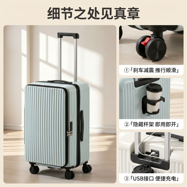 [主图 4] 多功能行李箱核心细节拼展示
[氛围风格] 温馨舒适家居治愈风，简约清晰；
[画质] 商业摄影质感、光线柔和通透、产品清晰真实、画面干净高级。
[元素] 1大+3小拼图版式，主画面占60%预览效果