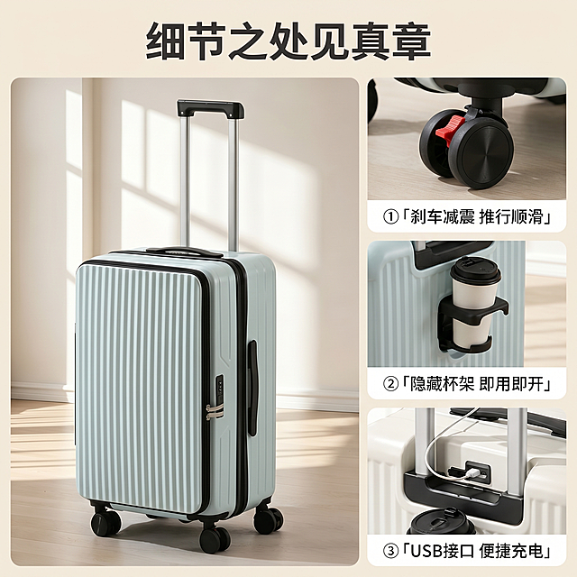 [主图 4] 多功能行李箱核心细节拼展示
[氛围风格] 温馨舒适家居治愈风，简约清晰；
[画质] 商业摄影质感、光线柔和通透、产品清晰真实、画面干净高级。
[元素] 1大+3小拼图版式，主画面占60%展示完整浅天蓝色行李箱，保持产品外观（物理结构、材质质感、颜色）与输入产品图绝对一致，杜绝任何变形和色差，精细化处理。三个小窗分别展示：①刹车减震万向轮特写 ②隐藏式杯架打开状态 ③USB充电接口细节。背景统一浅奶白色，边距均匀，光线一致。画面整体干净清晰。
[光影] 整体光线均匀柔和，各个分区光影一致，细节清晰无死角。
[配色] 主色调为浅天蓝色箱体搭配浅奶白色背景，文字为深灰色，对比清晰。
[视角构图] 主图为正面平视，各小图细节特写，整体1:1正方形构图，布局均衡。
[文字版式] 顶部居中主标题“细节之处见真章”，深灰色粗体最大字号；每个小图角落标注编号+短句卖点：①「刹车减震 推行顺滑」②「隐藏杯架 即用即开」③「USB接口 便捷充电」，字号适中，清晰易读，不遮挡关键细节。
[比例分辨率] 1:1比例，2k分辨率；文字清晰可辨，超高清。
[负向提示词] 变形，水印，文字错乱，产品图模糊，背景杂乱，光影不一致，遮挡细节