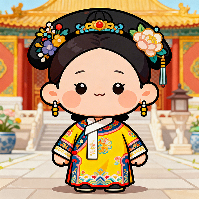 Q版甄嬛传人物，可爱圆滚滚的人物形象，还原甄嬛传经典角色造型，古风宫廷服饰，色彩鲜艳明亮，卡通Q版风格，整体活泼可爱，画面精致