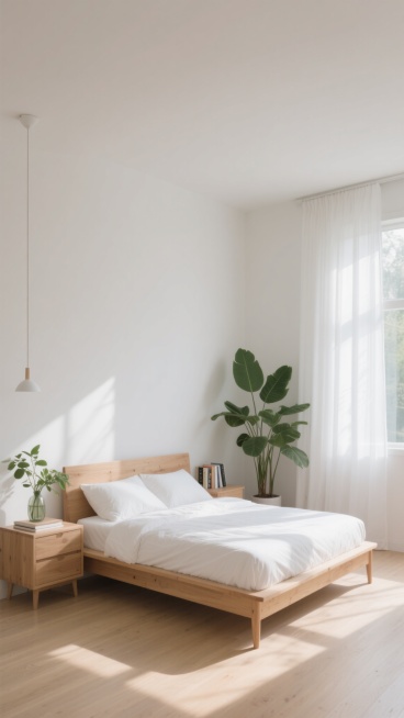 极简主义风格卧室室内设计，从不同角度展现的房间摆设，柔和的浅木色与纯净白色为主的配色方案，阳光透过白色纱帘洒在浅色木地板上形成温暖光影，简约木质床搭配白色床品，床头柜上摆放绿植花瓶与书籍，房间角落有大型绿植点缀，整体空间明亮通透、整洁有序，具有自然清新的氛围和舒适的居住感。预览效果