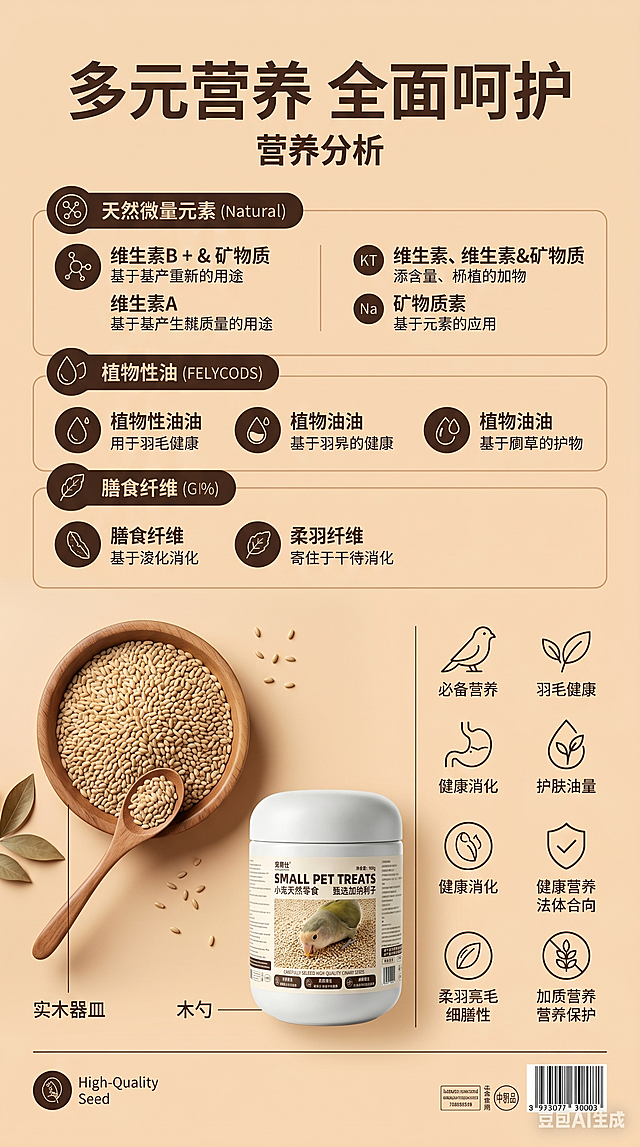 粮食营养成分解析详情页竖版长图，上下分区均衡图文排版。画面上方加粗主标题"多元营养 全面呵护"，细分多种天然微量元素、植物油脂、膳食纤维介绍。画面下半区左右布局，左侧实木器皿、木勺搭配摆放用户上传的加纳利子产品图实景拍摄，右侧简约线条营养图标+功效文案组合排版。全页统一浅杏米色高级底色，深咖色正文文字，配色低饱和轻奢。画面风格专业宠物营养科普风，文字排版工整，卖点逻辑清晰，版式干净高级。