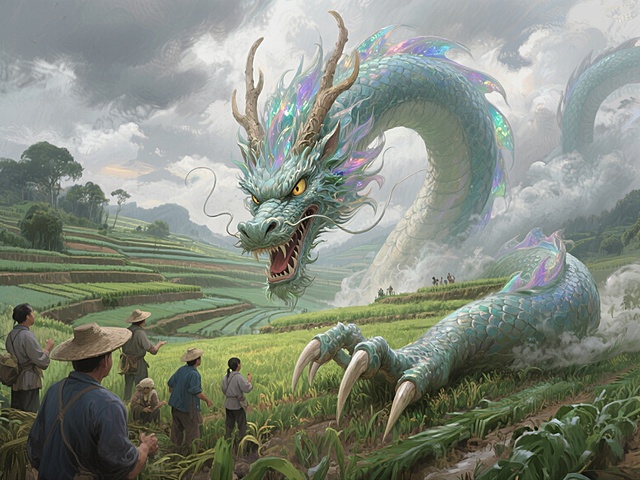 中式感插画风，超现实主义龙现身梯田，虚拟现实与油画风交织，展现神秘东方魅力。