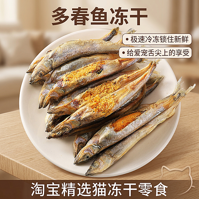 淘宝主图设计，产品猫冻干零食多春鱼，保留产品主体，重新设计干净吸睛的背景，重新排版文案，卖点文案："多春鱼冻干" "极速冷冻锁住新鲜" "给爱宠舌尖上的享受"，高点击率风格，1:1正方形构图