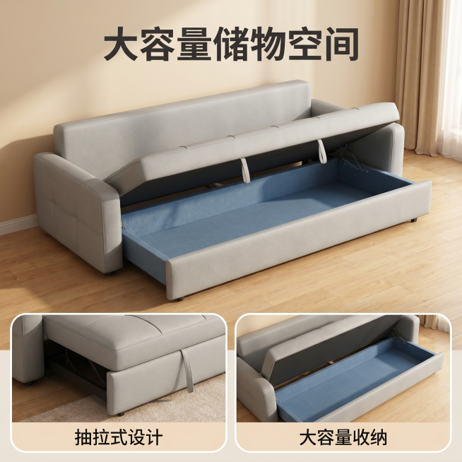 [主图 2] 三人浅灰色科技布沙发床收纳功能展示，温馨舒适家居治愈风。[氛围风格] 温馨居家生活感，功能展示清晰通透。[画质] 商业摄影质感、光线柔和通透、产品清晰真实、画面干净高级。保持浅灰色三人沙预览效果