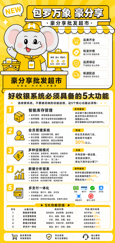 参考图中大象形象，保持大象皮肤颜色自然，将大象衣服改为黄色，整体以黄色为主题，添加完整文案内容：'好收银系统必须具备的5大功能 选收银系统，不要被花哨的功能迷惑，这5个核心功能必须有： 功能1：智能库预览效果
