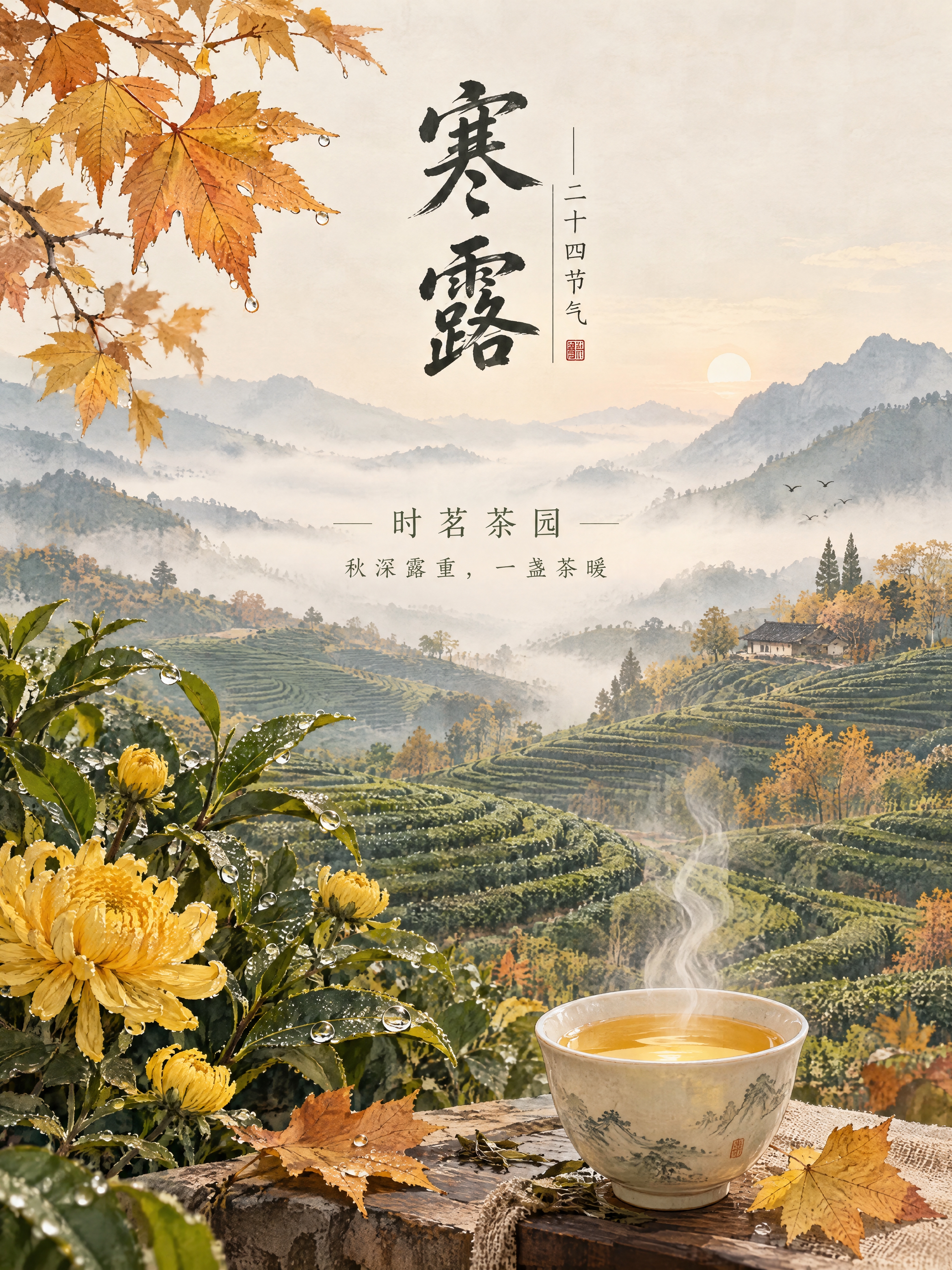 国风节气插画，晨版构图，主题为二十四节气之寒露。画面主体为秋日… - 图片创意预览