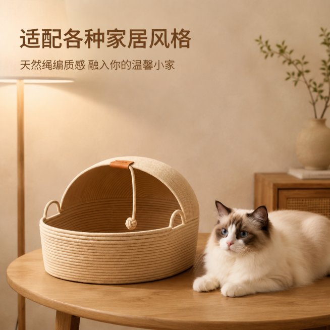 1:1 竖版电商主图，严格还原上传的天然绳编半封闭猫窝产品，包括浅卡其色绳编材质、半封闭穹顶造型、顶部棕色皮质标、绳结装饰、两侧提手等所有细节，产品外观、配色、材质质感完全与参考图一致，保持哑光绳编的预览效果