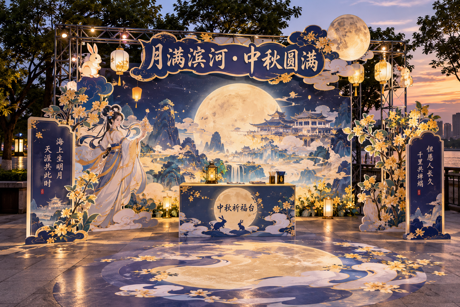 第五站月满滨河打卡点美陈效果图，古风沉浸式游园会风格，桁架搭建… - 图片创意预览