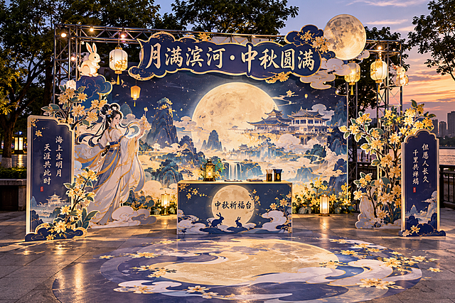 第五站月满滨河打卡点美陈效果图，古风沉浸式游园会风格，桁架搭建+KT板喷绘结构，主背景大型喷绘展现中秋圆月与广寒宫仙境画面，顶部桁架悬挂玉兔灯笼与月亮造型KT板，正面KT板大字标题"月满滨河·中秋圆满"，两侧立有嫦娥仙子形象KT板立牌与桂花树枝造型，前方设中秋祈福互动台，整体色调以月夜深蓝+月光银白+桂花金为主，国潮古风设计，户外游园场景，地面铺月光图案地贴，有诗词展示KT板，无复杂木工造型，全部为桁架和KT板喷绘材质，真实活动搭建效果，傍晚暖光氛围，高清细节