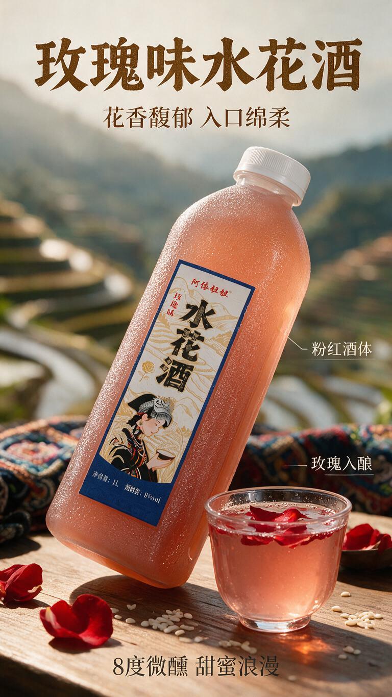 [商品] 使用产品图阿依妞妞水花酒，重点展示玫瑰味（粉橙红色酒… - 图片创意预览