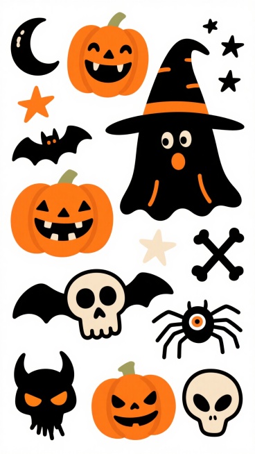 白色背景上，以橙色和黑色为主色调的万圣节主题插画，采用扁平卡通风格，线条简洁流畅，边缘圆润，无明显渐变和阴影，呈现出轻松活泼的节日氛围。画面中包含多种新造型的万圣节元素：咧嘴大笑的橙色南瓜灯（带有不同表情和牙齿细节）、尖顶巫师帽、黑色幽灵（带有飘动的裙摆和惊讶表情）、蝙蝠、骷髅头、交叉骨头、蜘蛛、恶魔角面具、独眼外星人头、月牙形装饰和星星图案。元素布局采用不对称的散落式排列，大小不一，疏密有致……预览效果