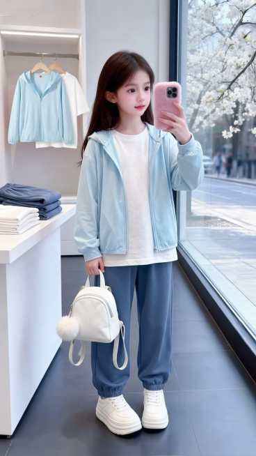 用图1短袖和连帽外套以及裤子替换掉图2的模特身上穿的衣服裤子和旁边桌子上折叠的衣服以及后方衣架上挂着的衣服，保留原场景光影，保持图2的人物的五官和发饰不变，姿势不变，背景不变，图片宽高尺寸不变，保预览效果