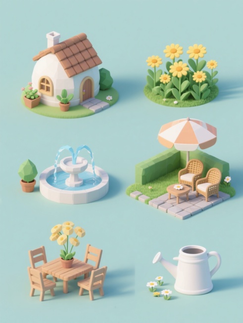 软3D风格插画，纯色背景，六个不同花园元素规整排布成系列素材集合，包括：①圆顶白色小屋配棕色瓦片屋顶、木质桌椅和绿植盆栽；②盛开的黄色雏菊花丛，绿色茎叶清晰可见；③圆形喷泉，水流呈弧形向上喷洒；④修剪整齐的绿色草坪，点缀石板小径；⑤带条纹遮阳伞的户外休闲区，配有藤编座椅和小茶几；⑥白色陶瓷喷水壶，壶嘴朝下，旁边散落几朵小花。整体采用柔和的马卡龙色调，光影柔和，物体边缘圆润，保持统一的低多边形3……预览效果