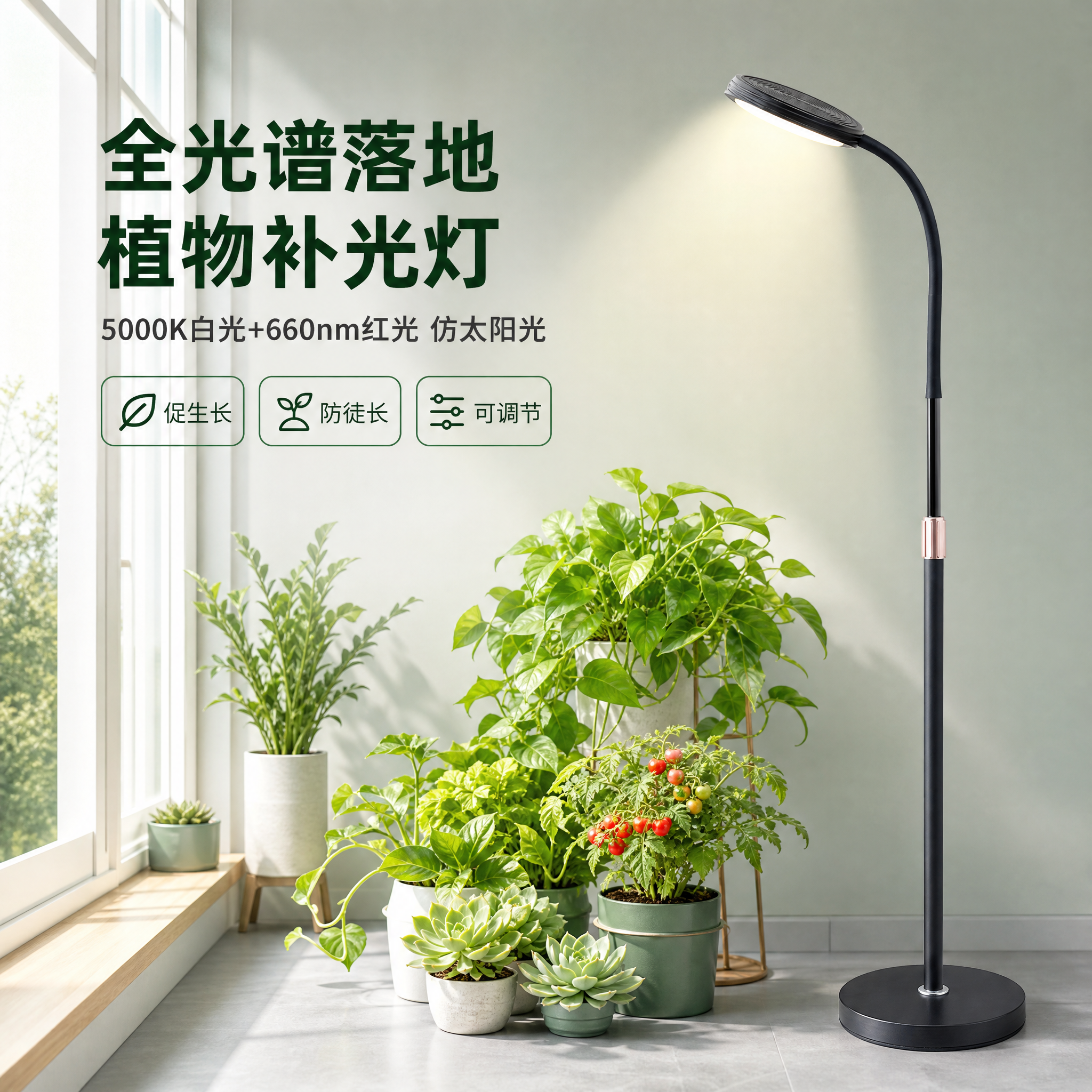 [主图-1] 落地式全光谱植物补光灯 空间场景与灯体呈现 突出… - 图片创意预览