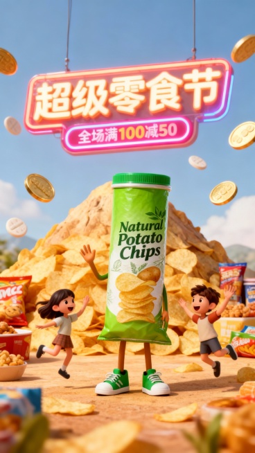 一个拟人化的图中零食包装站在中央，穿着绿色运动鞋，用手打招呼，周围有两位快乐跳跃的小孩（一男一女），背景是薯片堆成的山，旁边有各种零食，空中漂浮着钙片金币，主标题为霓虹灯牌“超级零食节，主标题下方有“预览效果