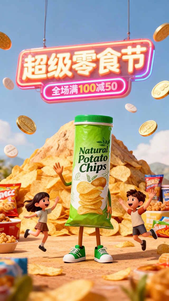 一个拟人化的图中零食包装站在中央，穿着绿色运动鞋，用手打招呼，周围有两位快乐跳跃的小孩（一男一女），背景是薯片堆成的山，旁边有各种零食，空中漂浮着钙片金币，主标题为霓虹灯牌“超级零食节，主标题下方有“全场满100减50”标签，整体风格均为3D卡通渲染，色彩明亮温暖，充满活力，适合零食广告宣传。