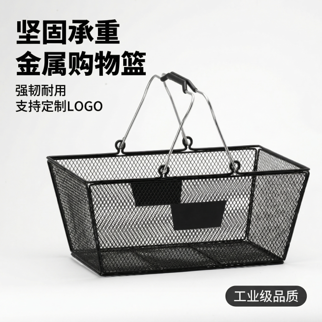 [主图 1] 金属购物篮产品首图
[氛围/风格] 简约工业风，干净通透，专业品质感
[画面元素] 黑色金属网格购物篮居中展示，产品完整呈现不切割，背景为纯净浅灰色调，光影均匀立体，突出金属网格纹理结构预览效果