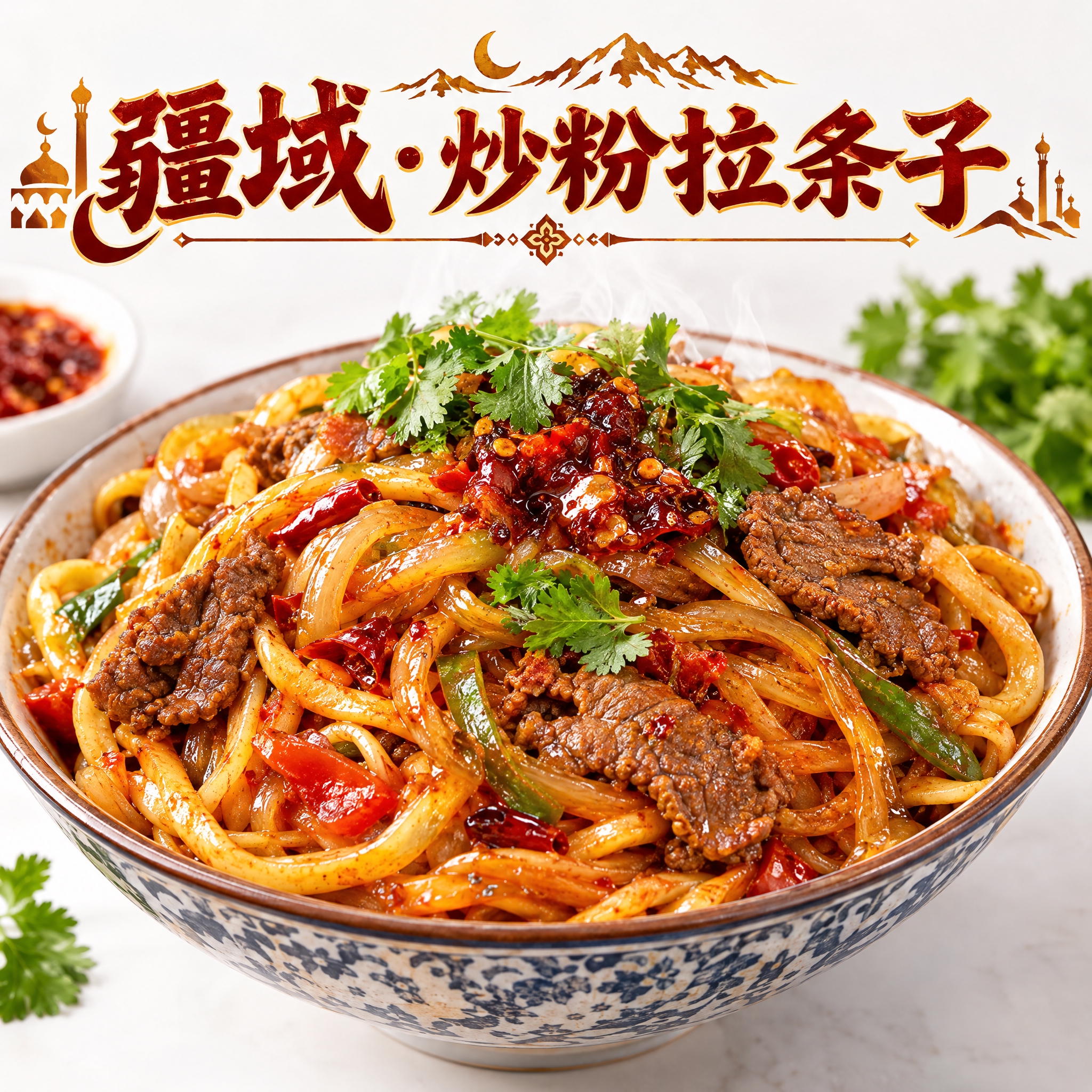 新疆炒粉拉条子美食头像设计，画面中央是一碗诱人的新疆炒粉和拉条… - 图片创意预览