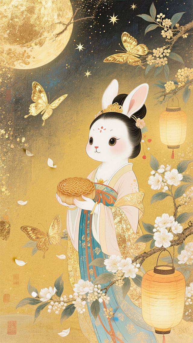 画面中心是一只身着嫦娥服饰的卡通玉兔抱着月饼，周围环绕着桂花、白色花朵等花卉，还有金色蝴蝶飞舞，背景为暖黄色调，点缀星星、桂花枝、小灯笼