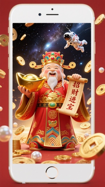 手机壁纸，财神爷，一位慈祥的中国神祇，身穿华丽的红色和金色官袍，头戴官帽，手持大金元宝和“招财进宝”卷轴，周围漂浮着金币、铜钱和珍珠。用星空做背景
（一位宇航员从星空滑落）。金色光晕，红色主题，细节丰预览效果