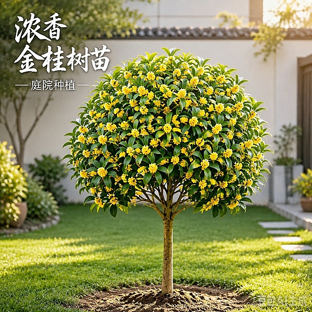 电商淘宝天猫主图，1:1正方形，画面中心是一棵种在庭院土地里的盛开金黄色花朵的桂花树，树冠饱满圆润，绿叶繁茂，花朵金黄灿烂，种植在庭院的泥土中，背景是清新雅致的私家庭院场景，有草坪、围墙，阳光明媚，光影自然柔和，画面干净高级，商品主体突出，适合作为电商主图，左上角有白色艺术字商品名称"浓香金桂树苗 庭院种植"，高清写实摄影风格，商业产品摄影质感