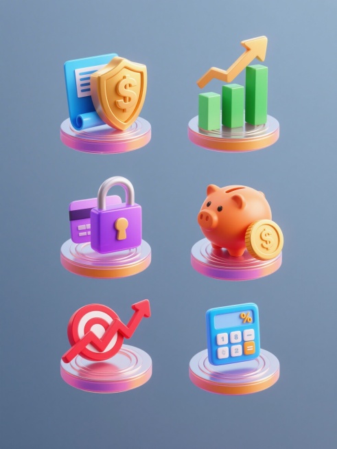 一套6个不同金融元素的图标集合，每个图标均采用精致的3D立体风格，表面有光滑的渐变色彩和细腻的高光反光效果，底部配有圆形波纹底座，整体悬浮在纯色背景上，元素包括：1.金色盾牌与蓝色卷轴文件组合、2.绿预览效果