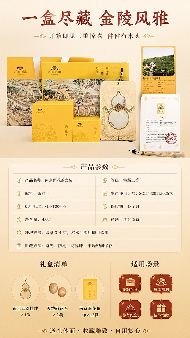 [商品] 上半屏使用【图2】全套产品全家福（手提袋+外盒+雨花茶盒+雨花石盒+云锦挂件）平铺陈列；保留手提袋、外盒、两个内盒、云锦挂件的全部外观、Logo、文字、颜色和结构；清晰化各产品细节，不改变比例。旁侧点缀【图5】雨花茶说明卡与【图6】云锦证书，增加信任背书，保留卡片原貌。
[画面] 参数收尾页，目标是清晰呈现礼盒清单与规格参数，做信任收口与购买引导。上产品下参数的经典收尾构图：上半屏礼盒全家福平铺陈列，占画面约45%；下半屏规格参数表清晰展示，信息完整有信任感。背景为浅米金渐变，底部略深，营造稳重收尾感。
[视觉] 套系策略：风格=国风古典雅致商业摄影，金陵文化氛围感；标题字=书法宋体粗体，有笔锋韵味；正文字=简洁宋体；主色=帝王黄+朱砂红；背景延展=浅米金到深一点的米棕渐变，上浅下深稳重收尾；强调色=鎏金色，仅用于表格线、图标、分割线、装饰；标题色=深棕红；正文色=深棕灰；组件=圆角浅金参数表格、细金线分割、云纹底纹、礼盒清单图标；光影=左前侧暖柔光均匀打亮全家福产品，参数区清晰明亮易读。
[文字] 产品图上方主标题横向居中："一盒尽藏 金陵风雅"；其下副标题横向居中："开箱即见三重惊喜 件件有来头"。下半屏左侧横向排列礼盒清单："南京云锦挂件 × 1份"、"天然雨花石 × 2颗"、"南京雨花茶 4g×12袋"；右侧横向排列适用场景标签："商务伴手礼"、"员工福利"、"旅行纪念"、"佳节馈赠"。底部加三行横向小字收尾："送礼体面 · 收藏雅致 · 自用赏心"。所有文字横向排版，表格清晰易读。
[规格] 图片比例9:16竖版，4K分辨率，抖音详情页适配。避免变形、错字、文字过小、冷蓝背景、产品颜色改变、结构失真、竖排文字、旋转文字。
