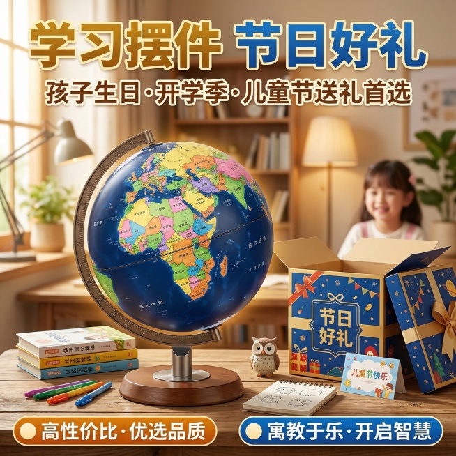 地球仪礼品推广主图，展示地球仪作为儿童节日礼物、学生学习摆件的场景，地球仪放置在礼品盒旁，主标题学习摆件 节日好礼，副标题孩子生日 开学季 儿童节送礼首选，风格温馨有氛围感，突出性价比，适配拼多多平台预览效果