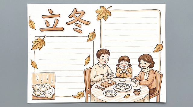 立冬手抄报，A4横版，马克笔手绘风格，整体色调清新。画面绘制包饺子场景和枯黄落叶，左下角插图右上角文字区域，顶部标题“立冬”，马克笔笔触温暖，配色以浅棕米白为主，冬日开端氛围，排版宽松，预留文字抄写空间，符合小学生手抄报风格。16:9比例，2k分辨率，超高清。负向提示词：变形，水印，文字错乱，颜色暗沉，排版杂乱
